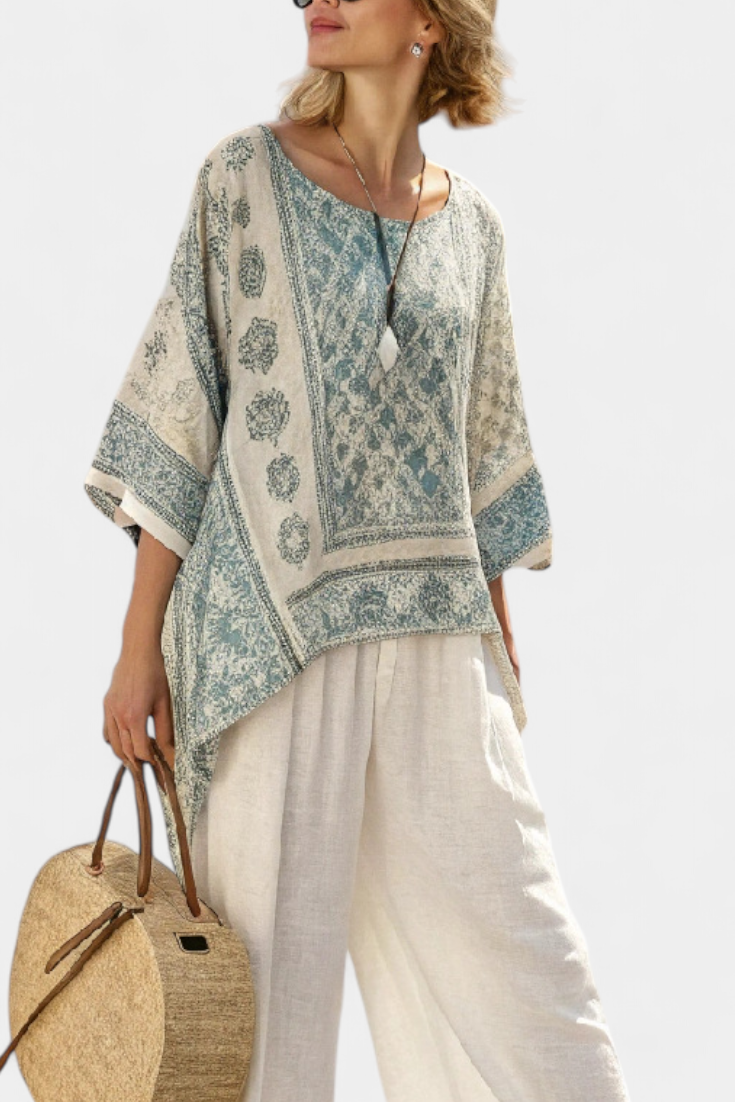 Quinley | Comfortable Printed Blouse &amp; Wide-Leg White Pants