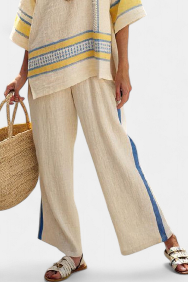 Jaxmere | Comfortable Blue-Yellow Mediterranean Top &amp; Linen Pants