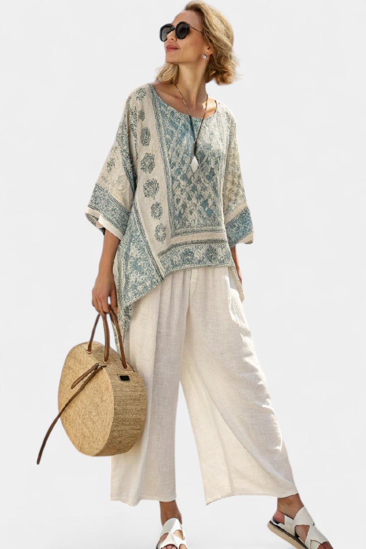 Quinley | Comfortable Printed Blouse &amp; Wide-Leg White Pants