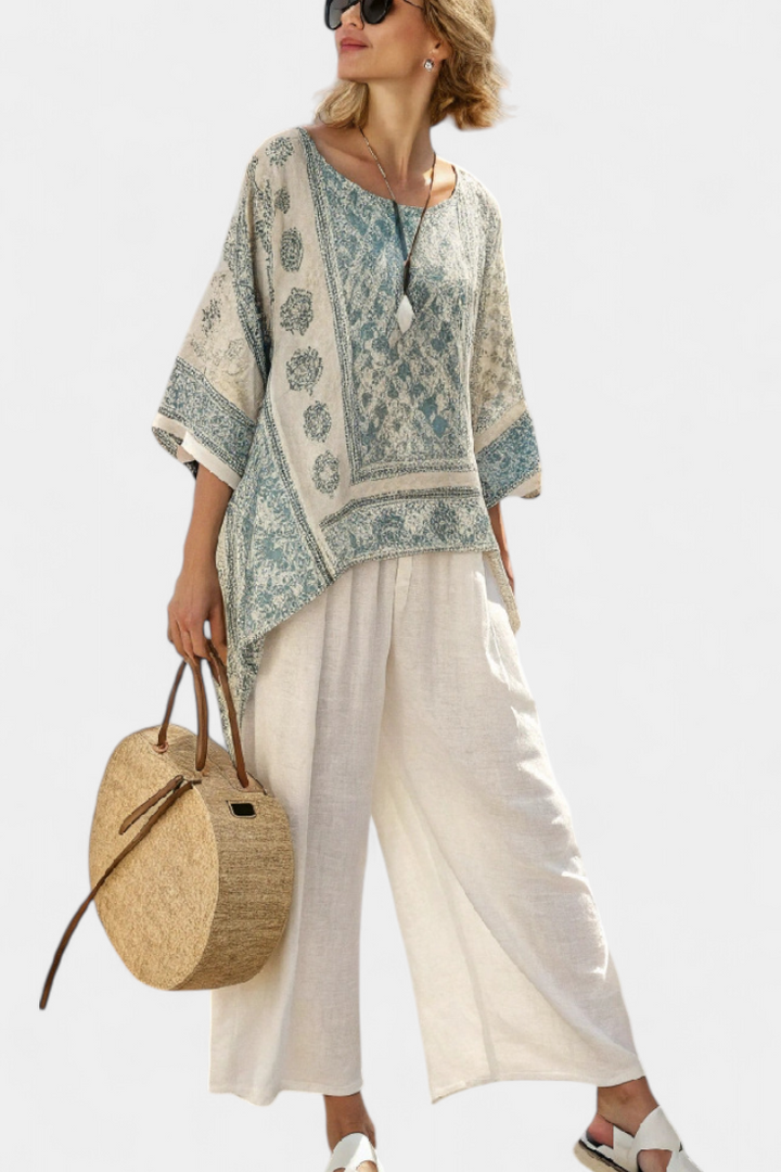 Quinley | Comfortable Printed Blouse &amp; Wide-Leg White Pants