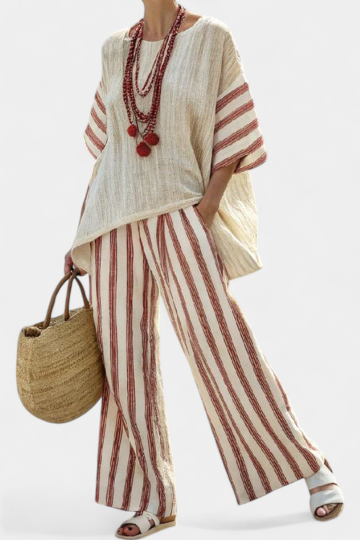 Braelith | Elegant Rustic Striped Top &amp; Cream Linen Pants